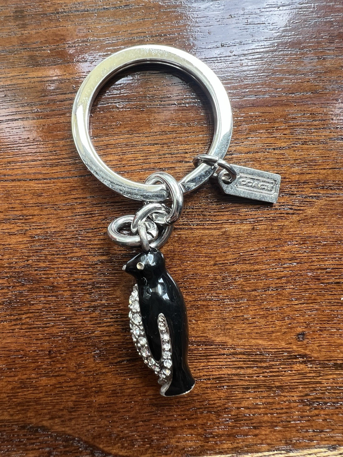 Vintage Coach Black & Silver Penguin Charm Keyring with Rhinestones