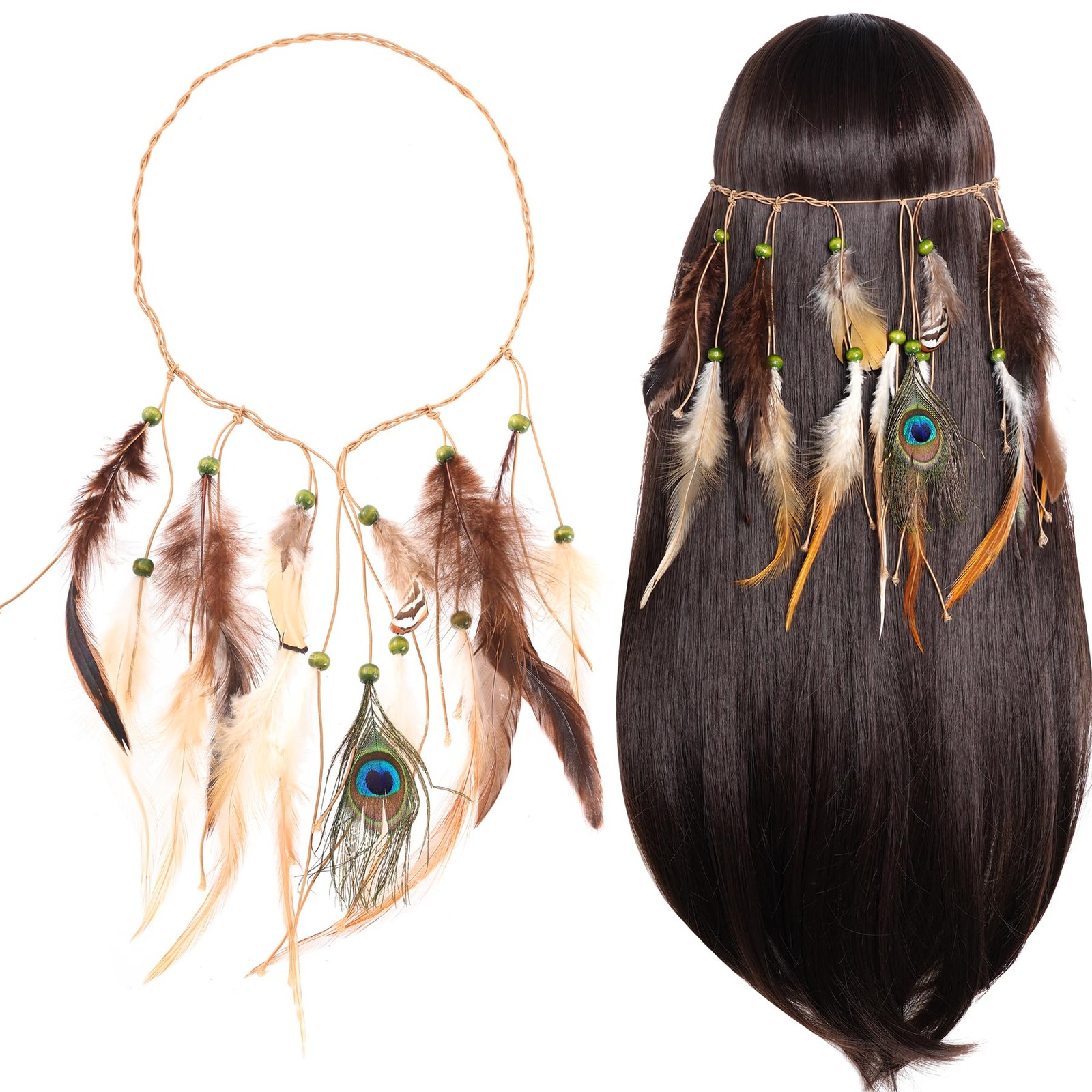 obmwang Indian Feather Headband Native American One Size, As Picture Show