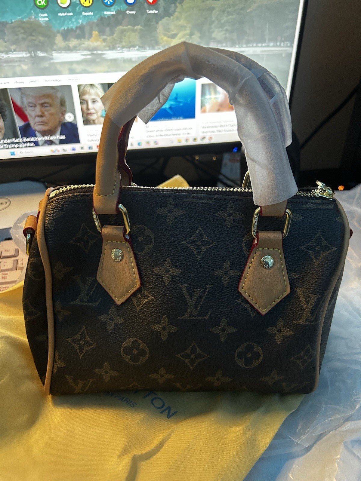 Monogram Top Handle Bag Zip w/ Detachable Adjustable Strap Brown