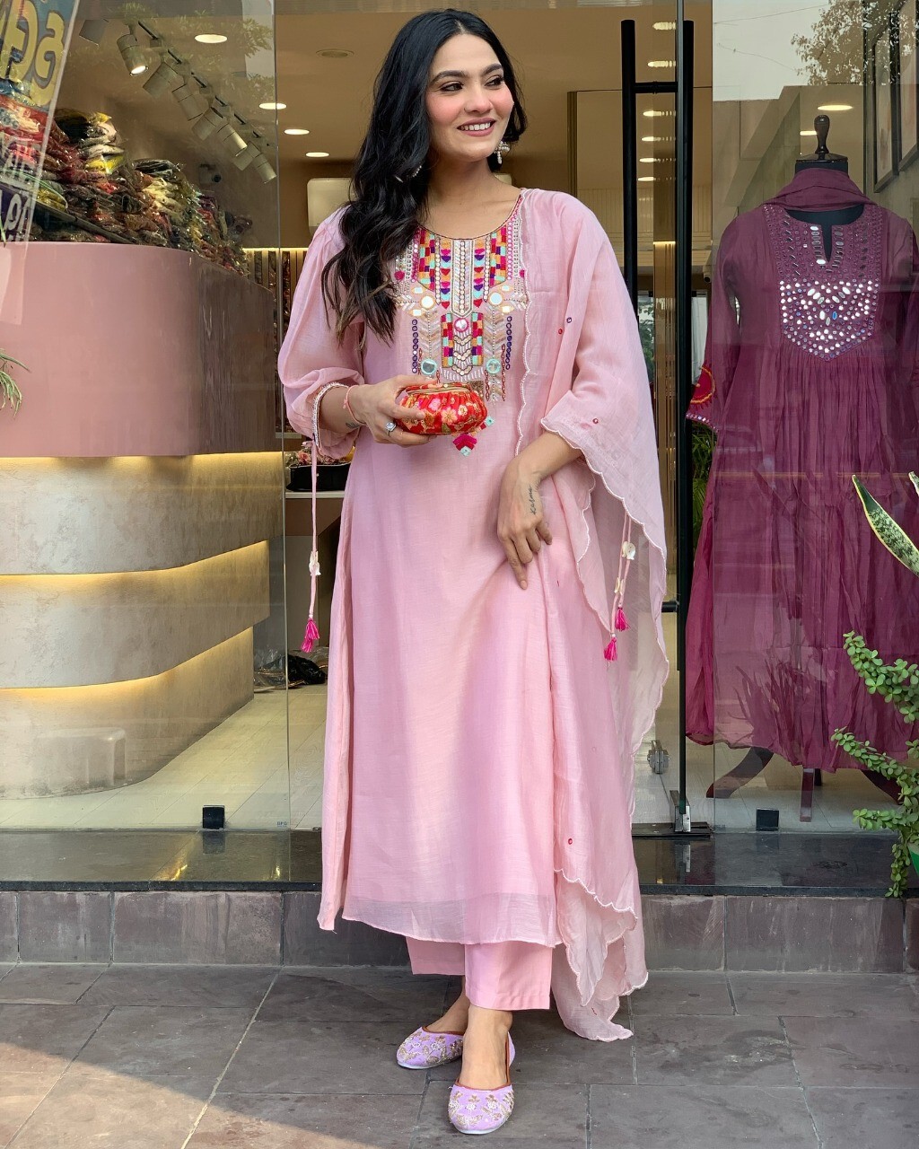 Indian Women Chanderi Silk Anarkali Kurta Pant Dupatta Set Kurti Salwar Kameez