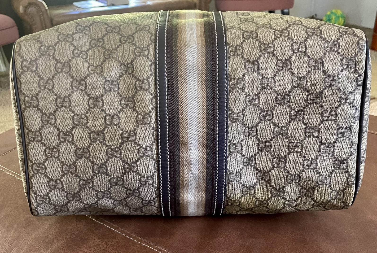 GUCCI authentic Boston Monogram Beige Canvas Leather large Boston satchel