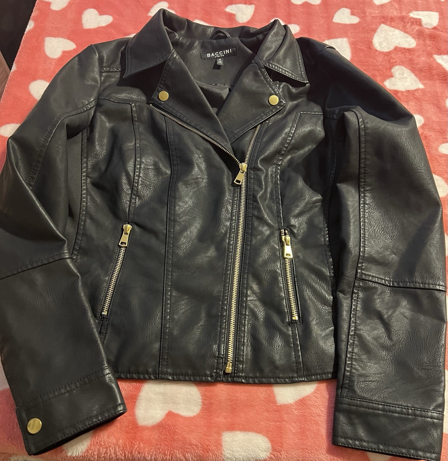 BACCINI Women’s Black Biker Jacket Size Medium Full Zip Zipper Accents