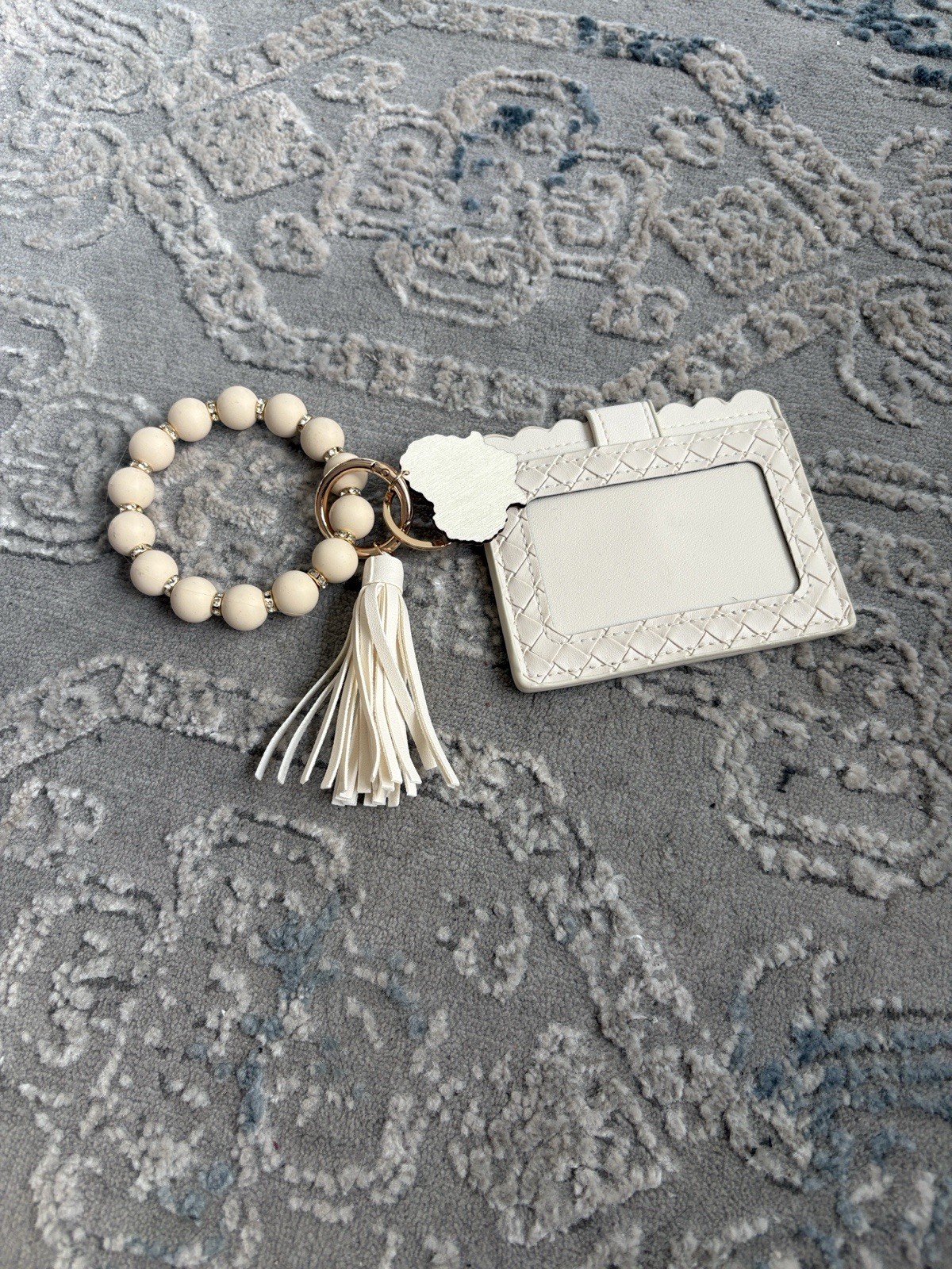 Faux Leather ID Card Holder Keychain, Woven Beaded Tassel Keyring White/Beige