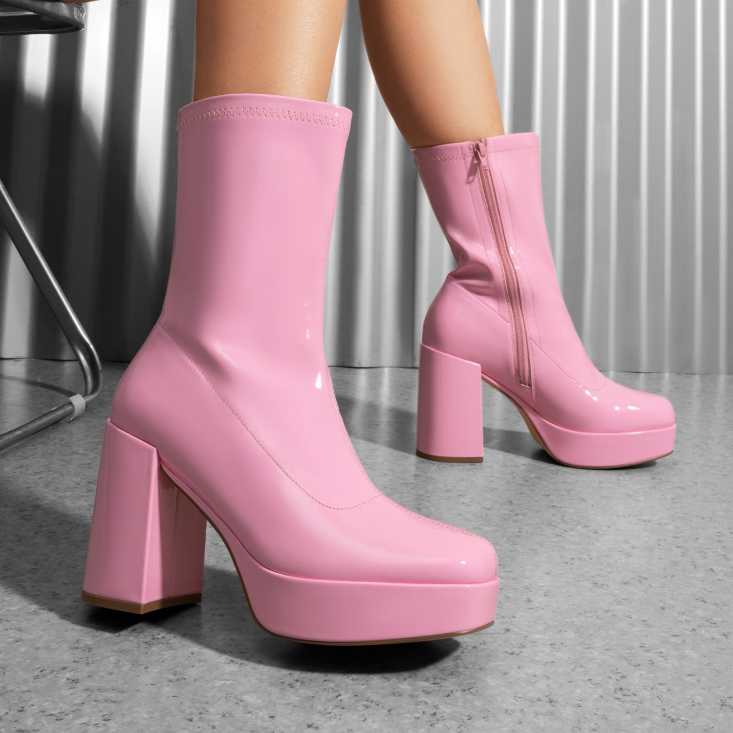 Women Gogo Boots High Chunky Block Heel Square Toe Platform Mid Calf Boots