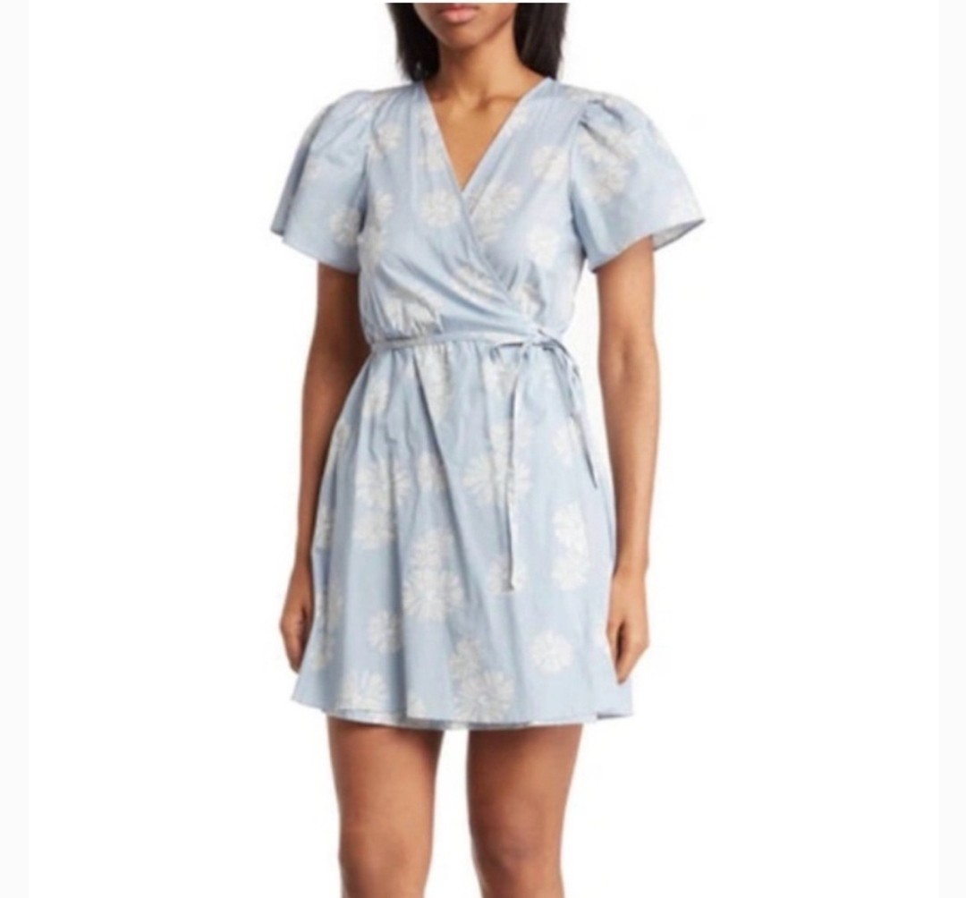 NEW! Madewell Desert Wrap Dress 100% Cotton Tranquil Lake Blue & White Sz M $128