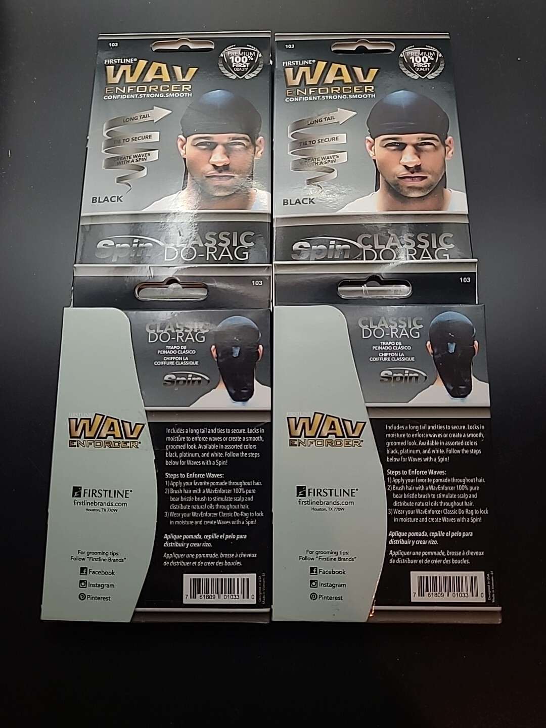 4 X Firstline WAV Enforcer Spin Classic Do-Rag – Black 103 – Lot of 4