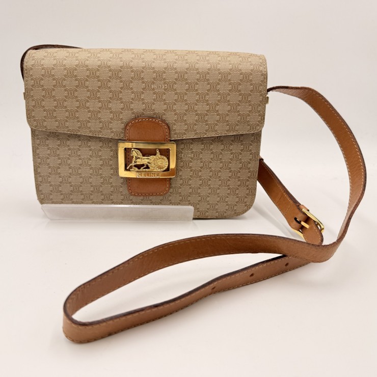 CELINE Vintage Macadam Shoulder Bag in Beige PVC and Leather with Gold-Tone …