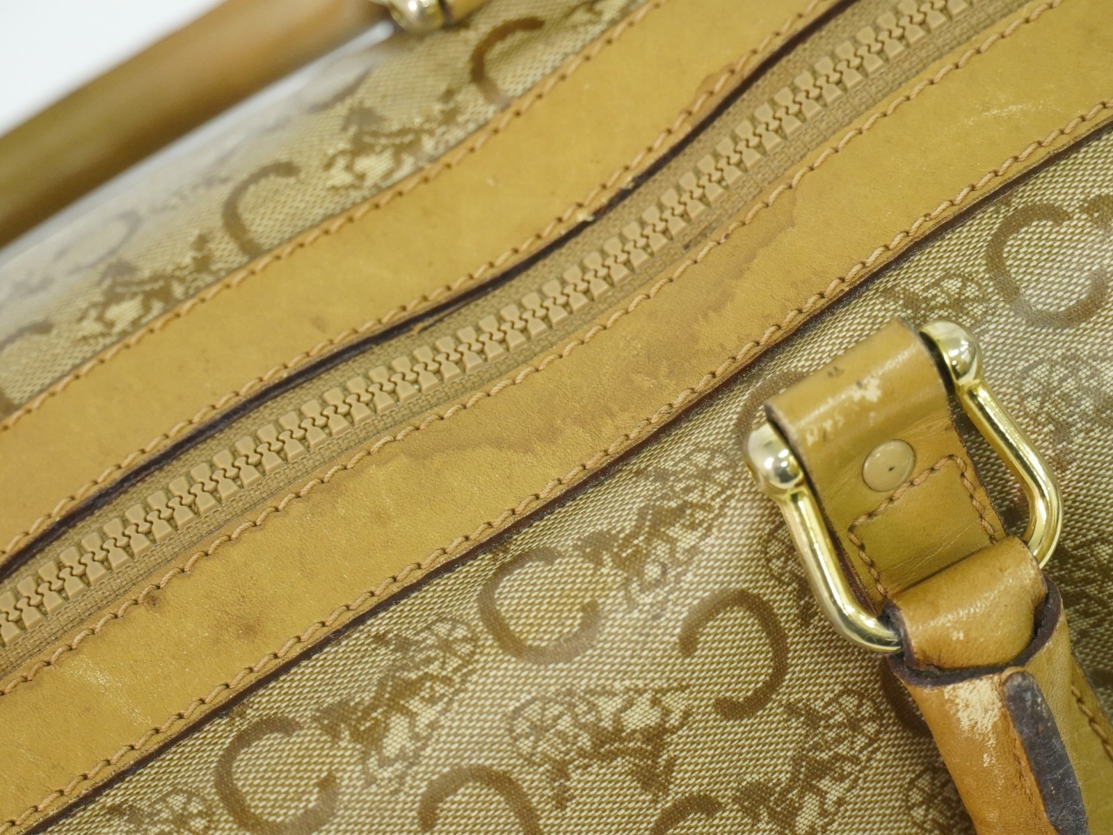CELINE C Macadam PVC Boston Handbag Beige Gold