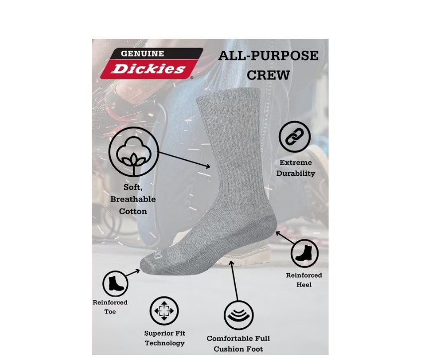 Genuine Dickies Men’s Value Work Crew Sock, 12 Pack Lt Grey Size 6-12