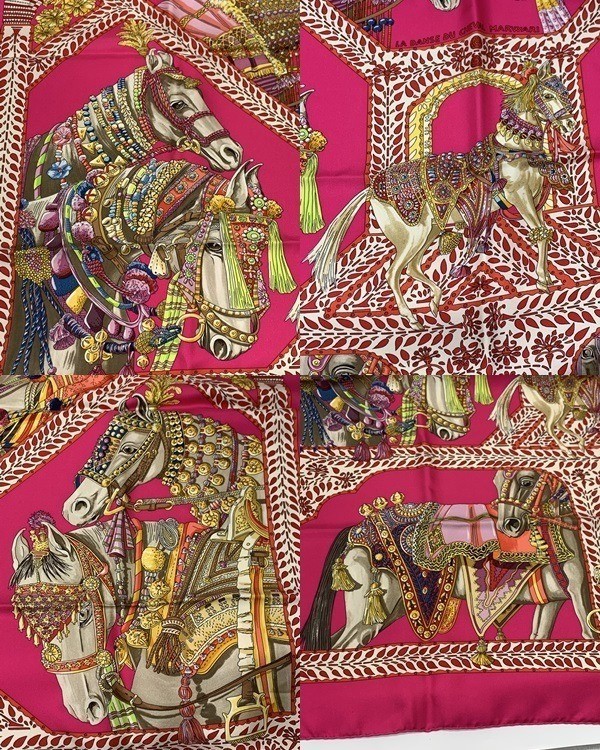 HERMES Carre 90 La Danse du Cheval Marwari Silk Scarf Pink Horse Used