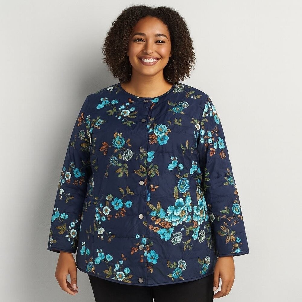 Dennis Basso Floral Quilted Jacket 2X Blue Fall Layering Vintage Grannycore