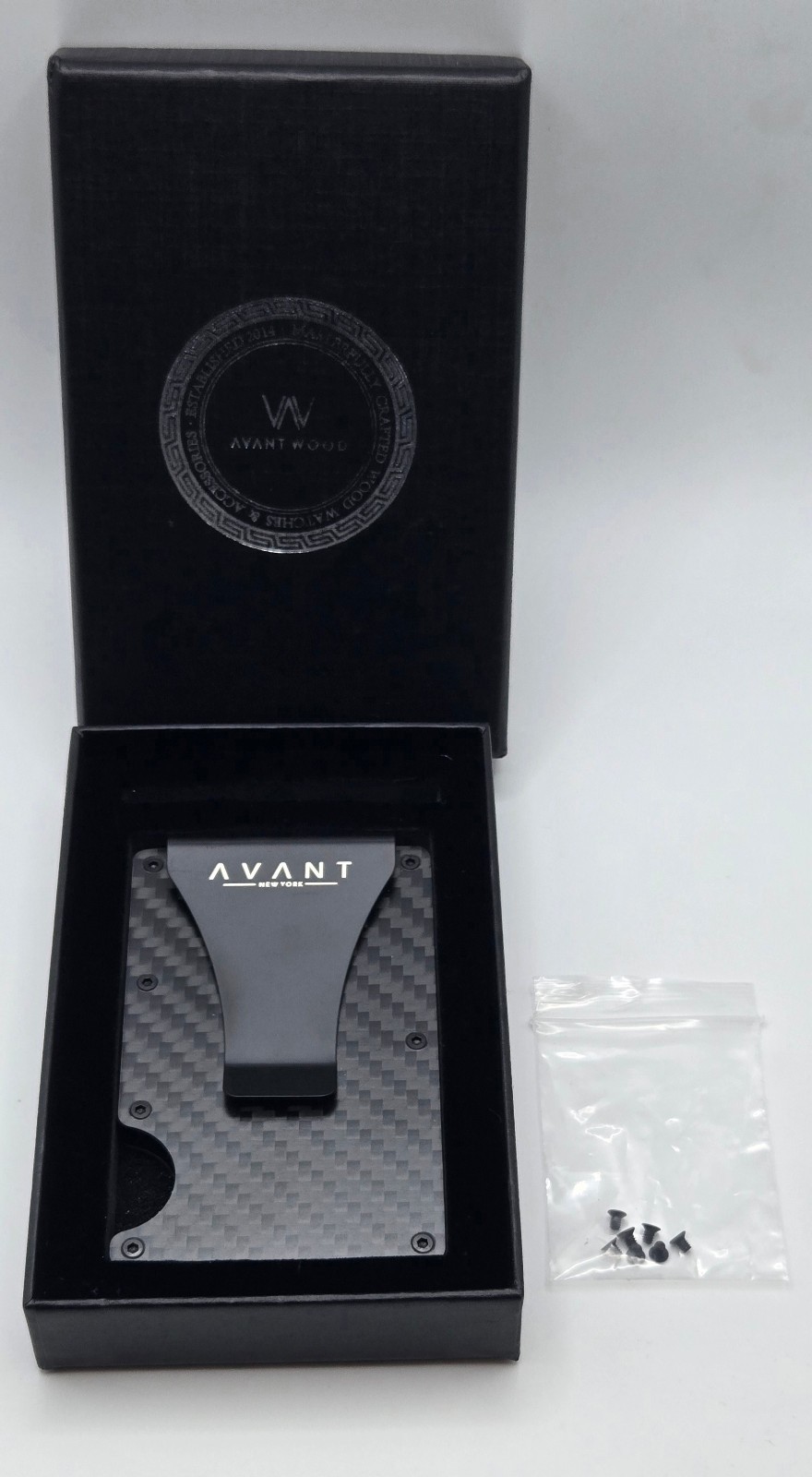 AVANT WOOD Slim Fold New Minimalist Mens WALLET, Carbon Fiber Black, RFID Cash