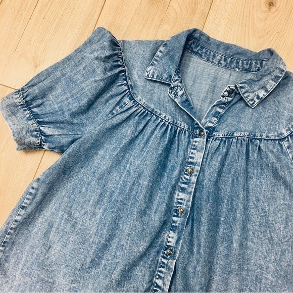stonewashed denim Button-Down Shirt gathered cinched beach preppy blouse top