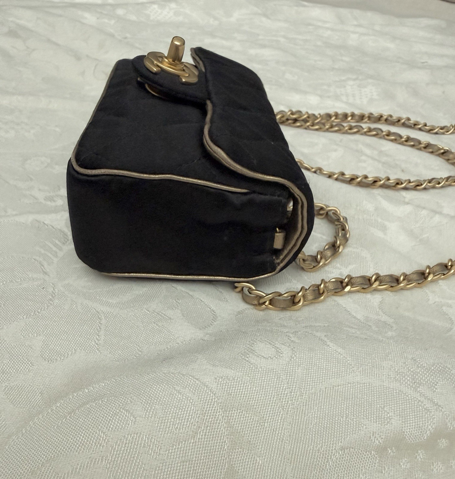 Vintage Chanel Extra Mini Satin Flap Bag Black Gold Chain Crossbody Rare