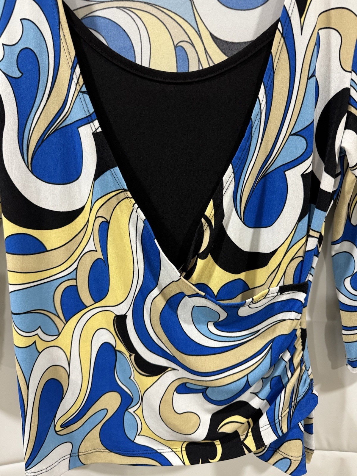 Women’s Abstract Swirl Print Stretch Top Blue Yellow Black 3/4 Sleeve Small