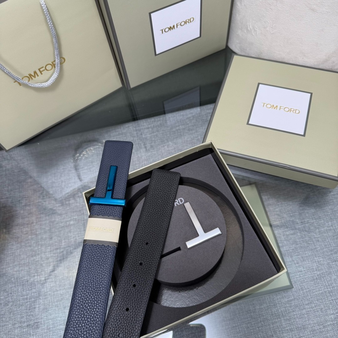 Tom Ford Handmade Double-Buckle Reversible Belt 3.8cm/1.50″ Blue/Black