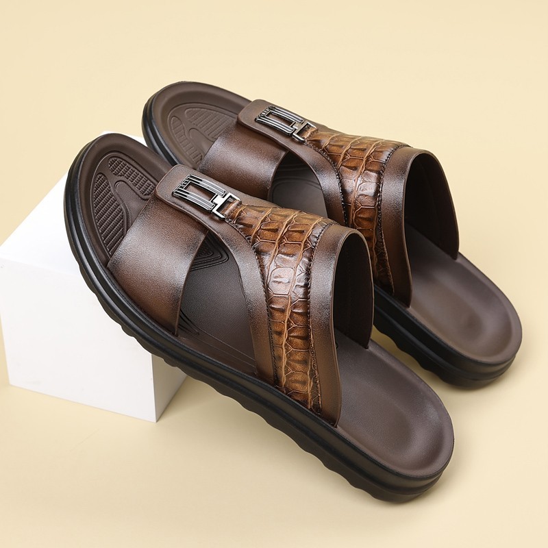 Men’s Croc-Embossed Slide Sandals, PU Leather, Comfort Non-Slip Rubber Sole