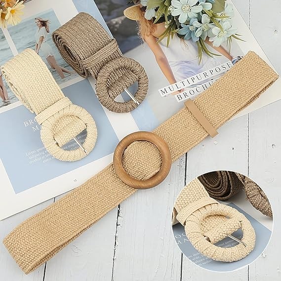 Women Woven Rattan Stretch Straw Belt Wide Waist Cinch Fashion Belt