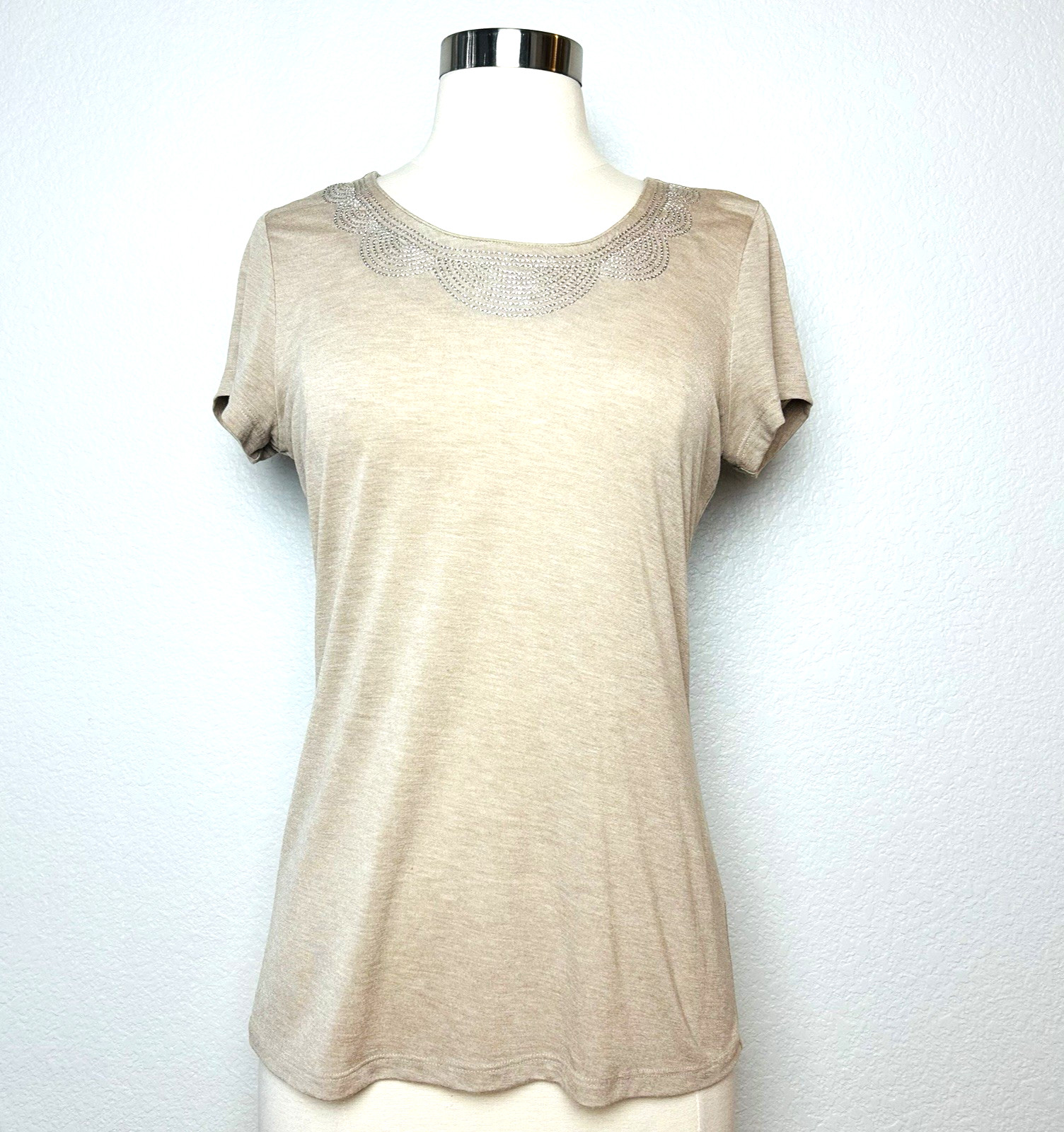 The Limited Top Womens S Tan Cap Sleeve Embroidered Crew Neck Stretch Shirt