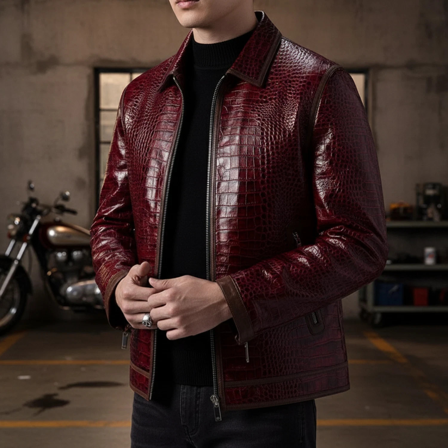 Men’s Burgundy Crocodile Embossed Leather Jacket Luxury Exotic Zip Biker Coat