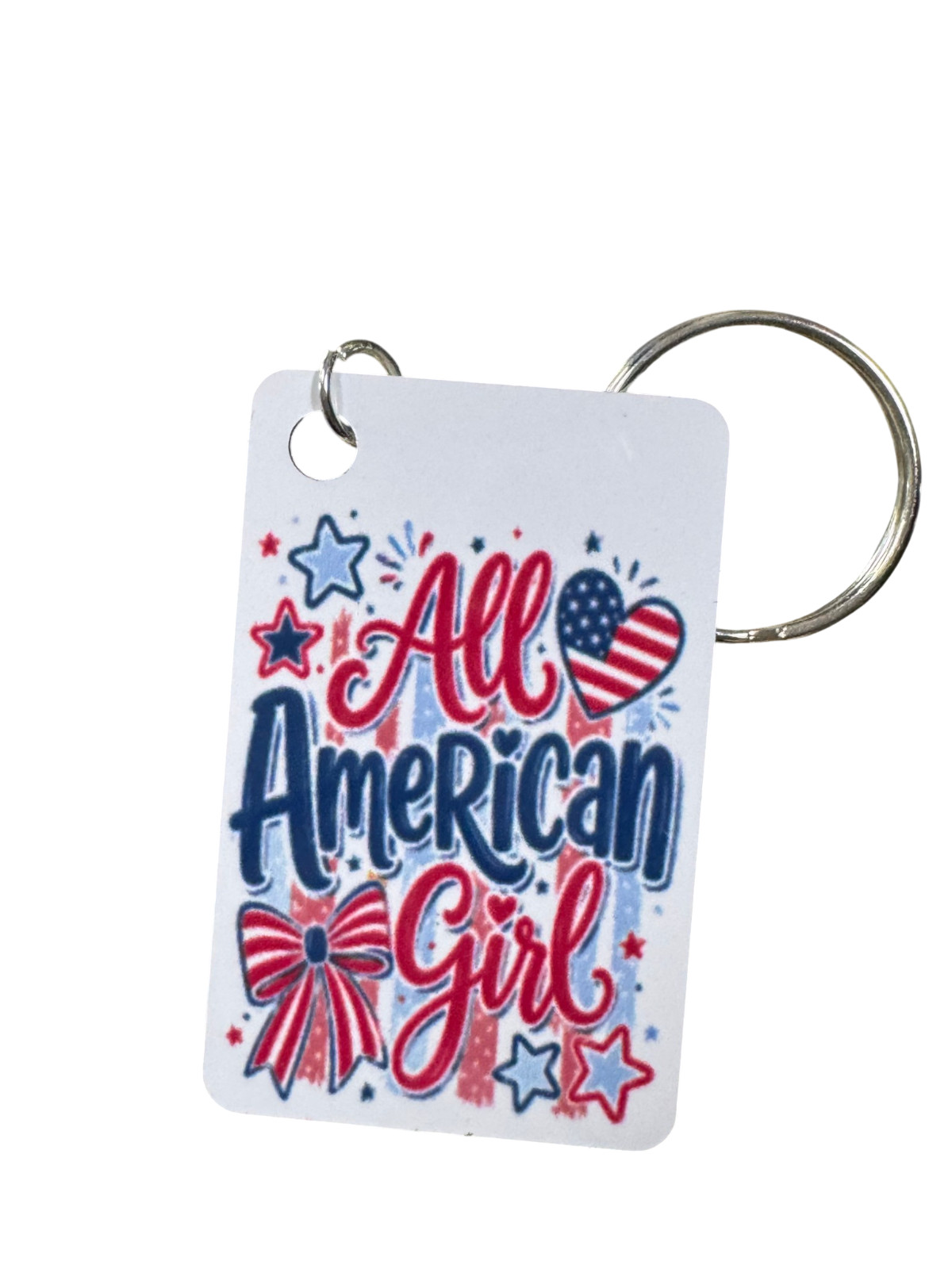 All American Girl Patriotic Metal Keychain, Red White and Blue USA Flag Design