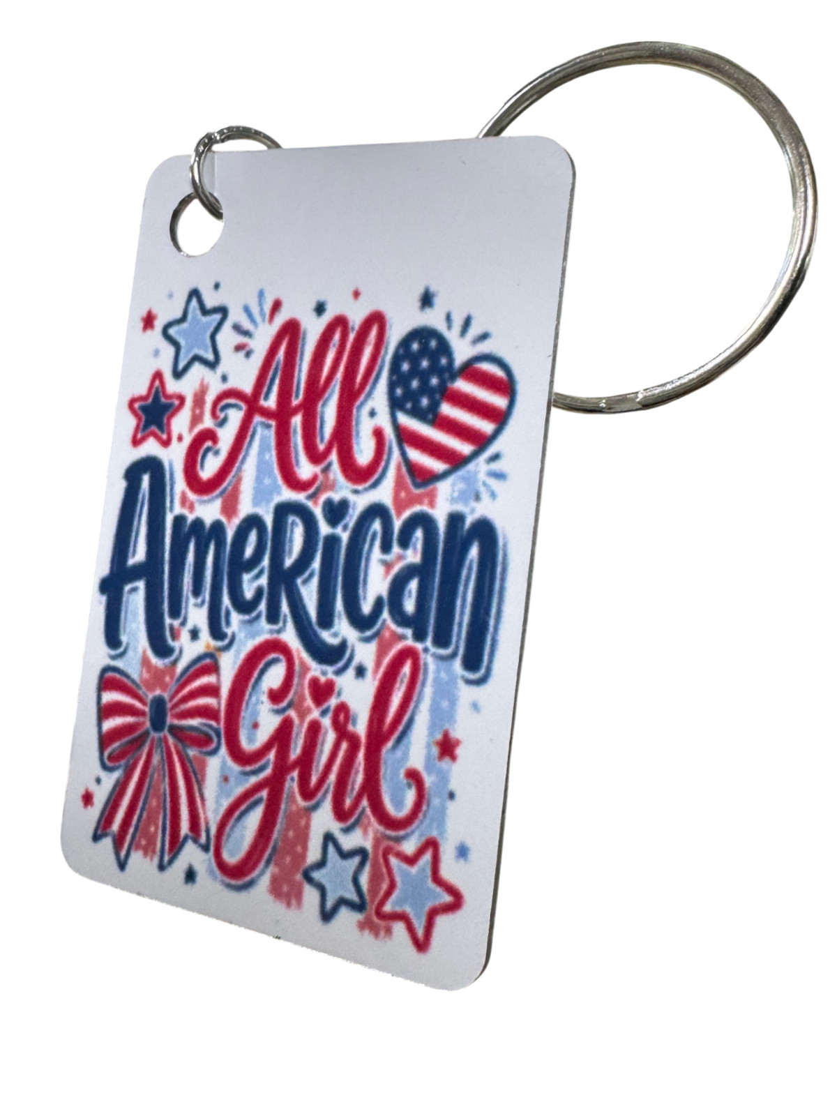 All American Girl Patriotic Metal Keychain, Red White and Blue USA Flag Design