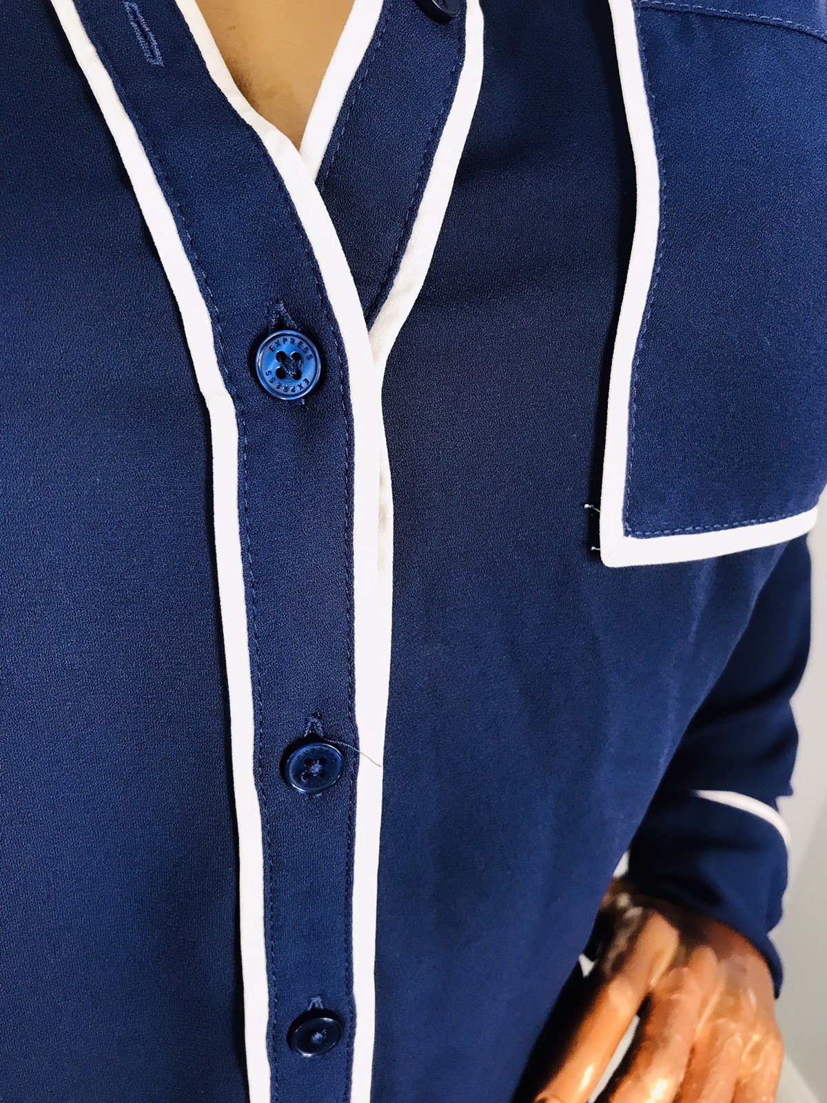 Express Portofino S Top Navy White Logo Button Up Shirt Long Sleeves Low Cut