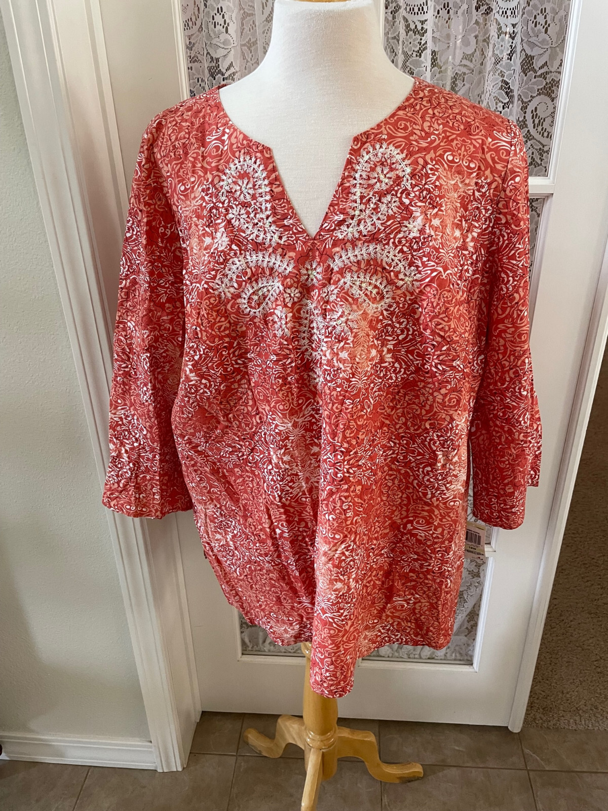 JM Collection 18W Boho Urban Exotic Orange Blouse Embellished Tunic Elastic Back