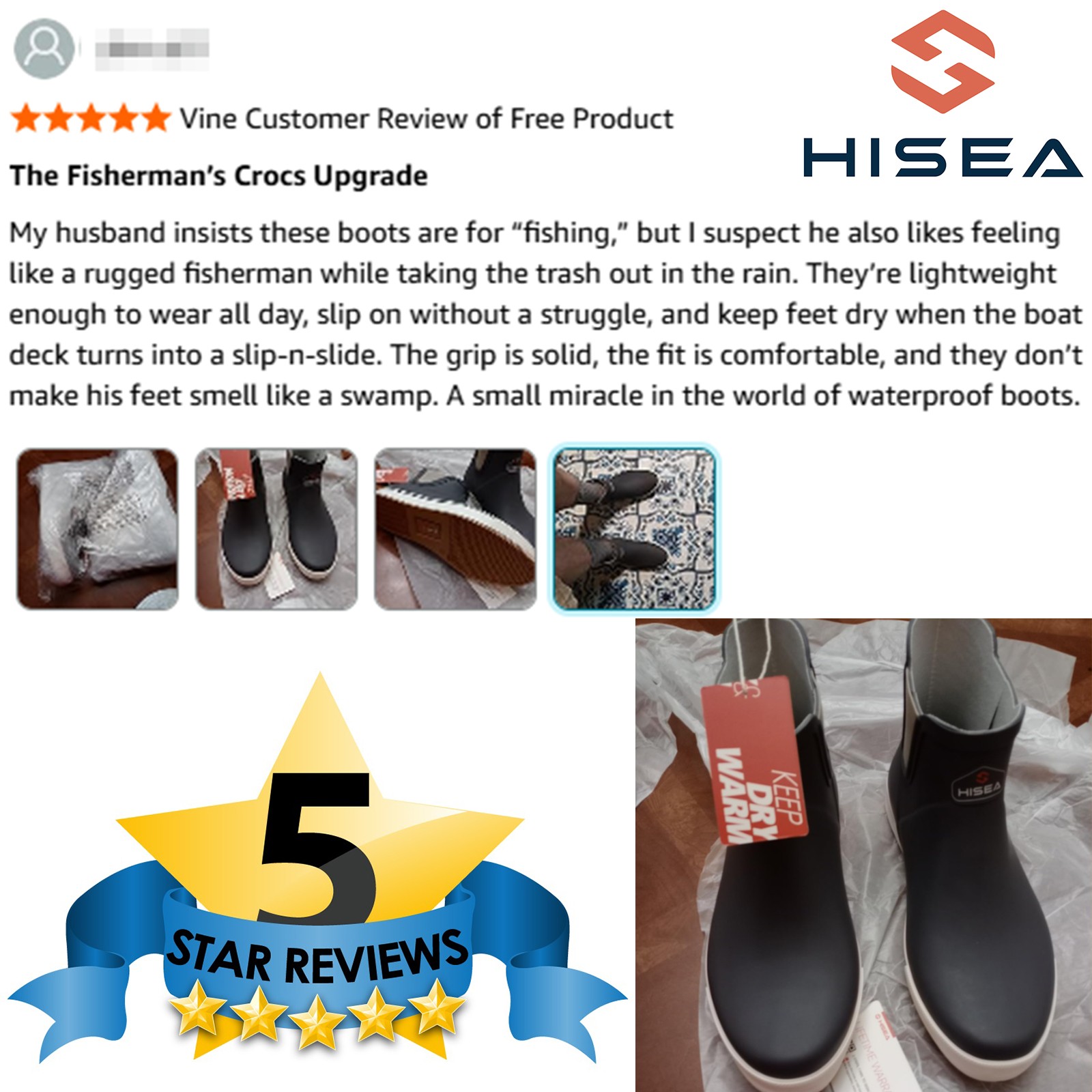 HISEA Men’s Deck Boots Ankle Rain Boots Waterproof Rubber Sailing Fishing Boots