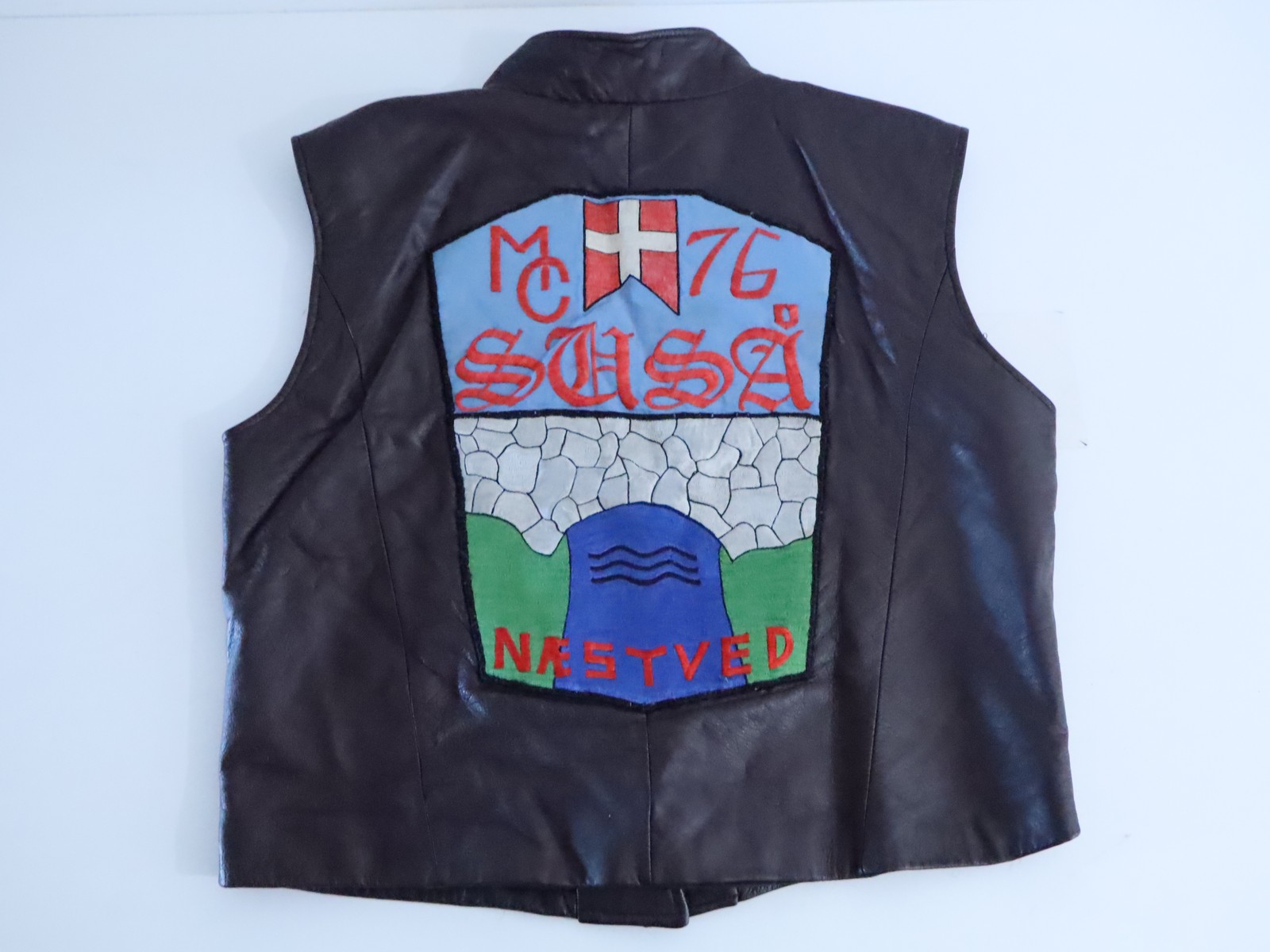80s 90s Motorcycle Rally Worn Danish Scottish Highland Brown Leather Biker Vest