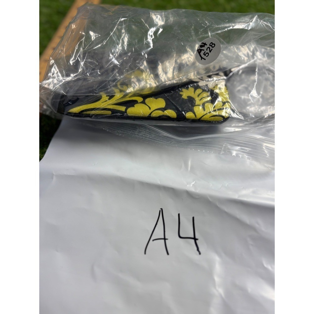 Womens Black Floral Print Wristlet Pouch with Ring Handle and Yellow Accents