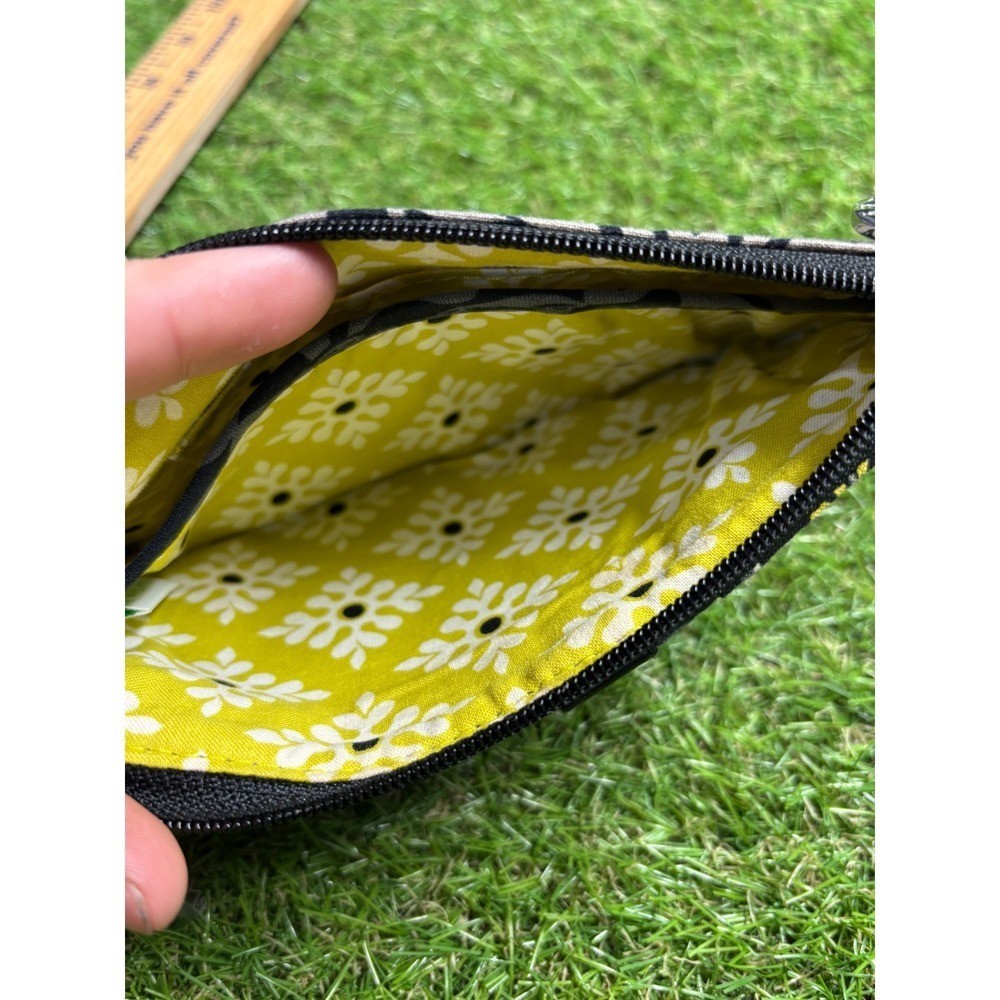 Womens Black Floral Print Wristlet Pouch with Ring Handle and Yellow Accents