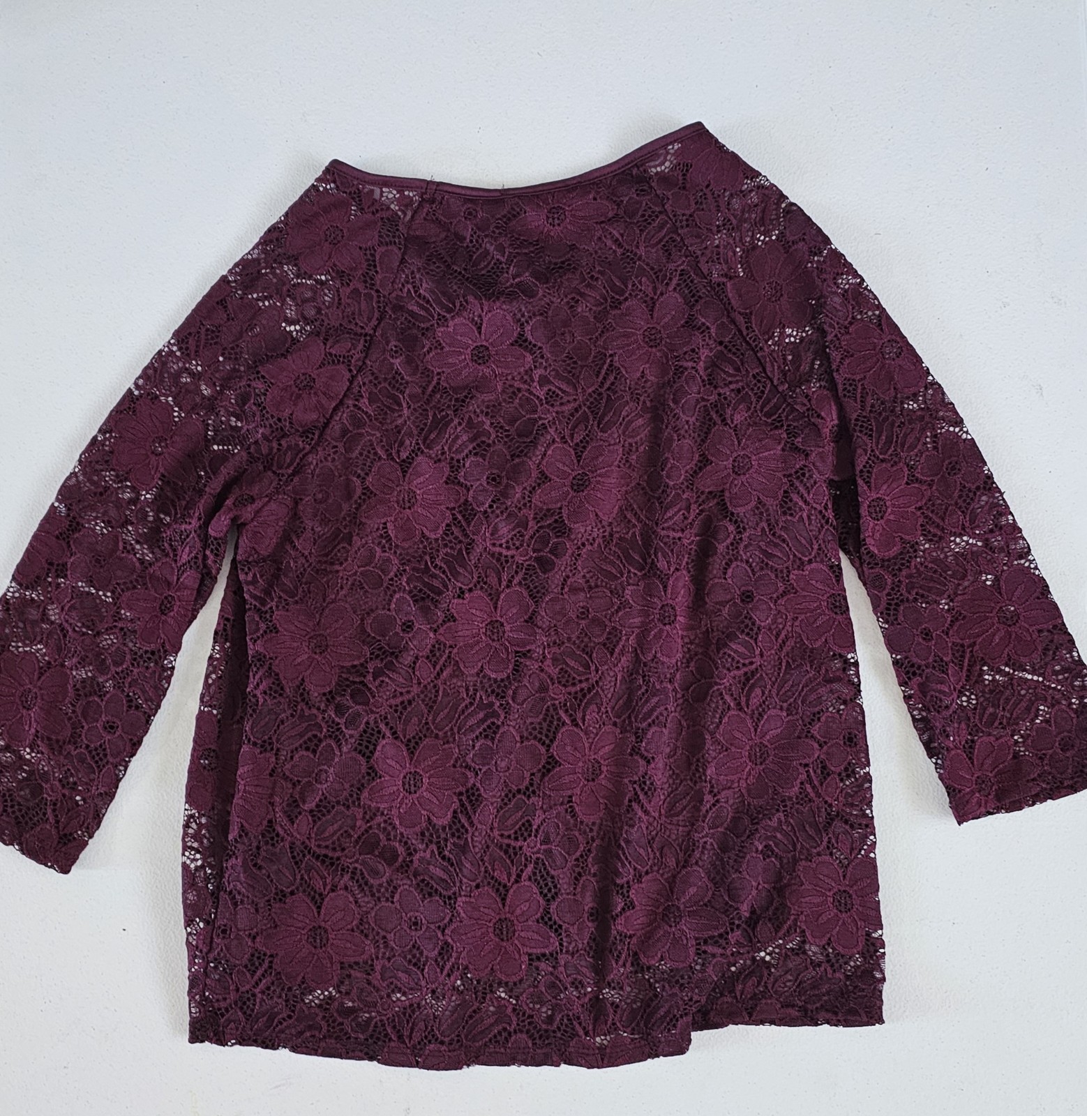 Persaya Womens Blouse Burgundy Floral Lace 3/4 Sleeve Sz L NEW