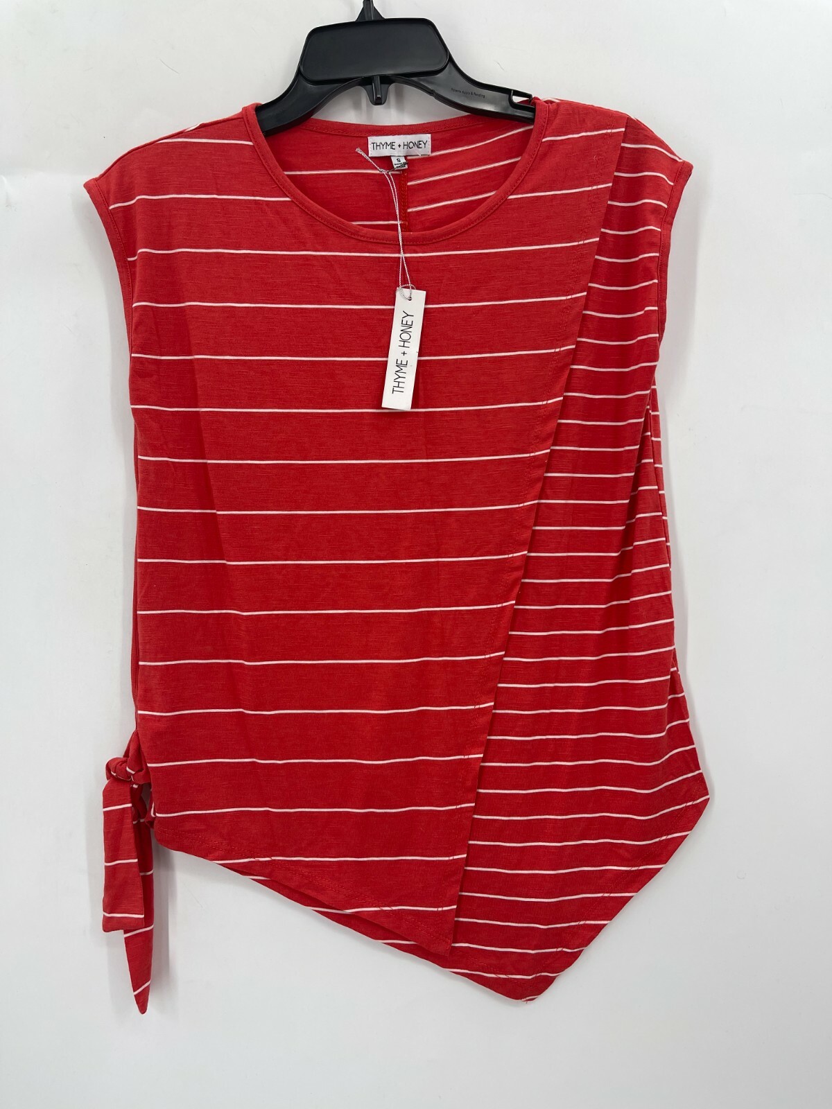 Thyme and Honey Top Womens Small Red Stripe Sleeveless Asymmetric Hem Side Tie