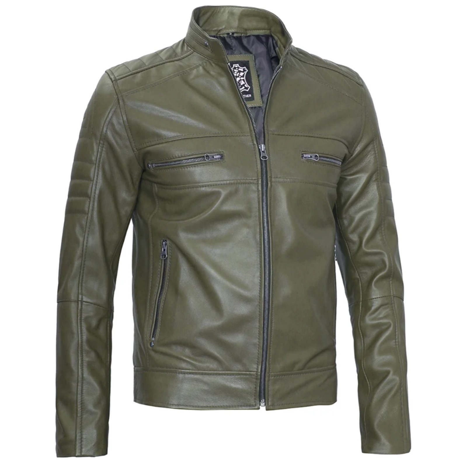 Austin Men Cafe Racer Dark Green Real Leather Jacket