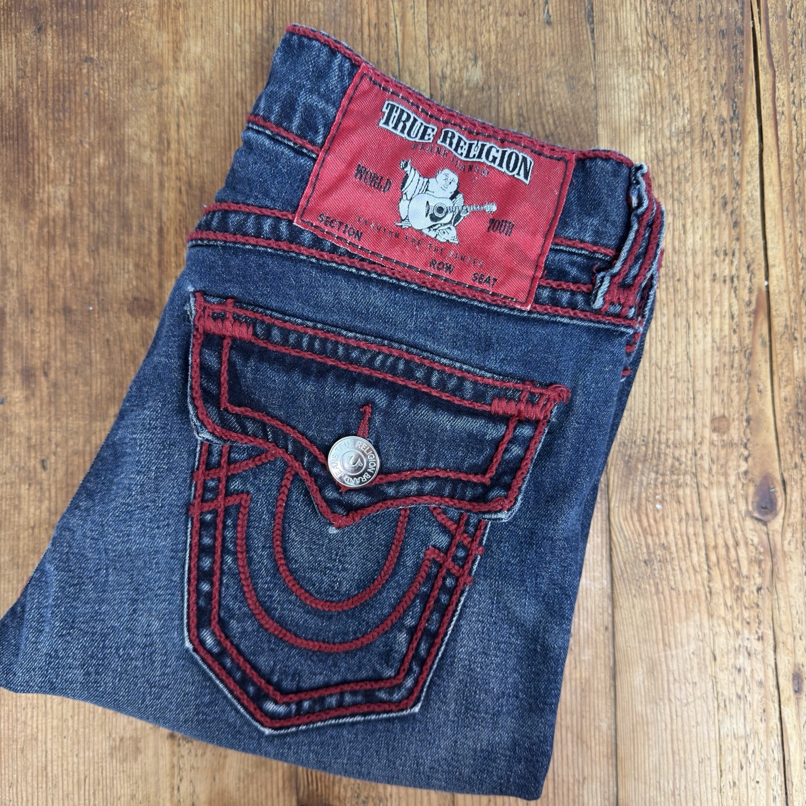 True Religion Men’s Ricky Relaxed Straight Jeans Red Rope Stiching