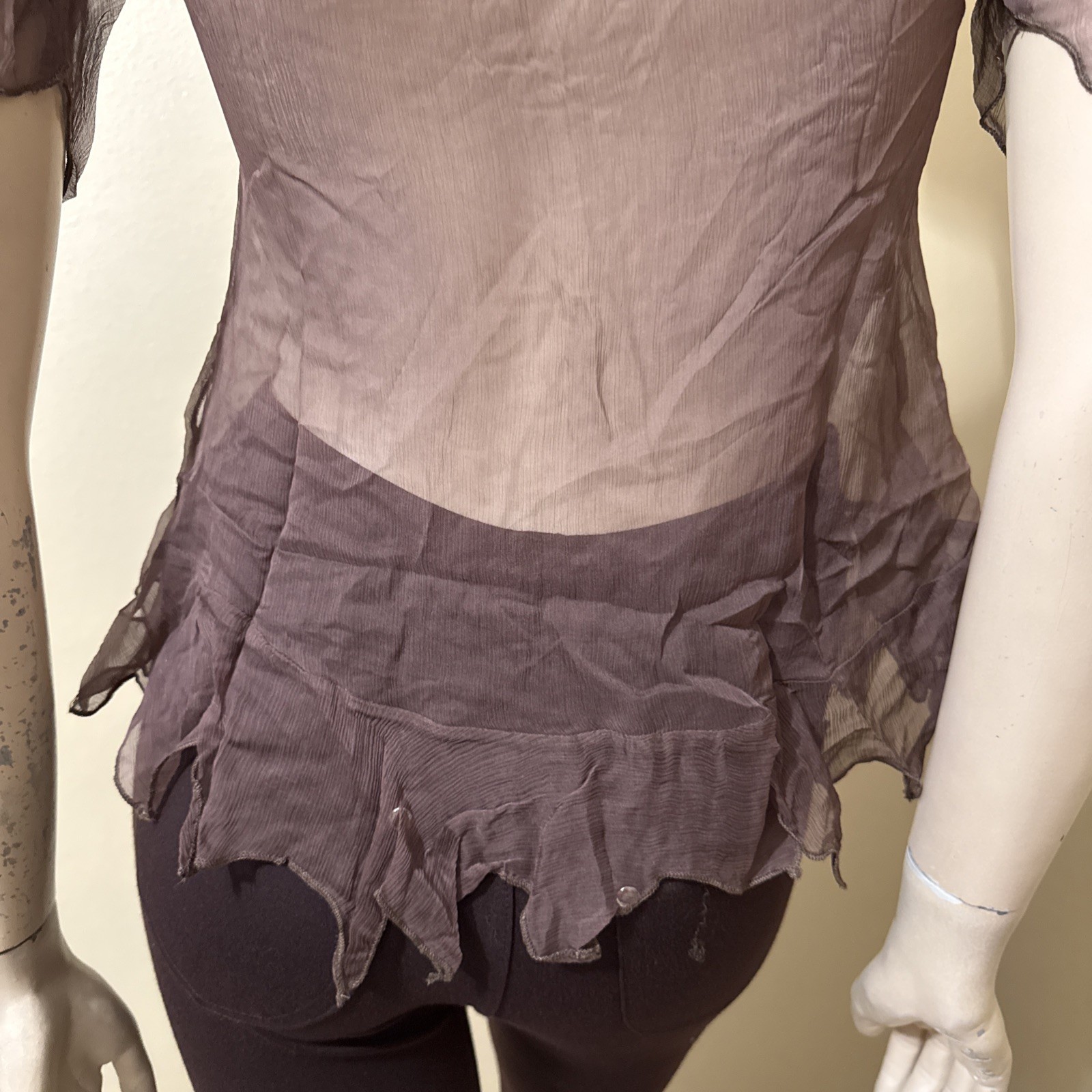 Women’s Brown Silk Casual Summer Sheer Beaded Embroidered Lace Size S Blouse Top