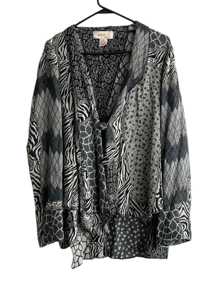 Anu by natural wool blend jacket blazer small mixed print patchwork black gray