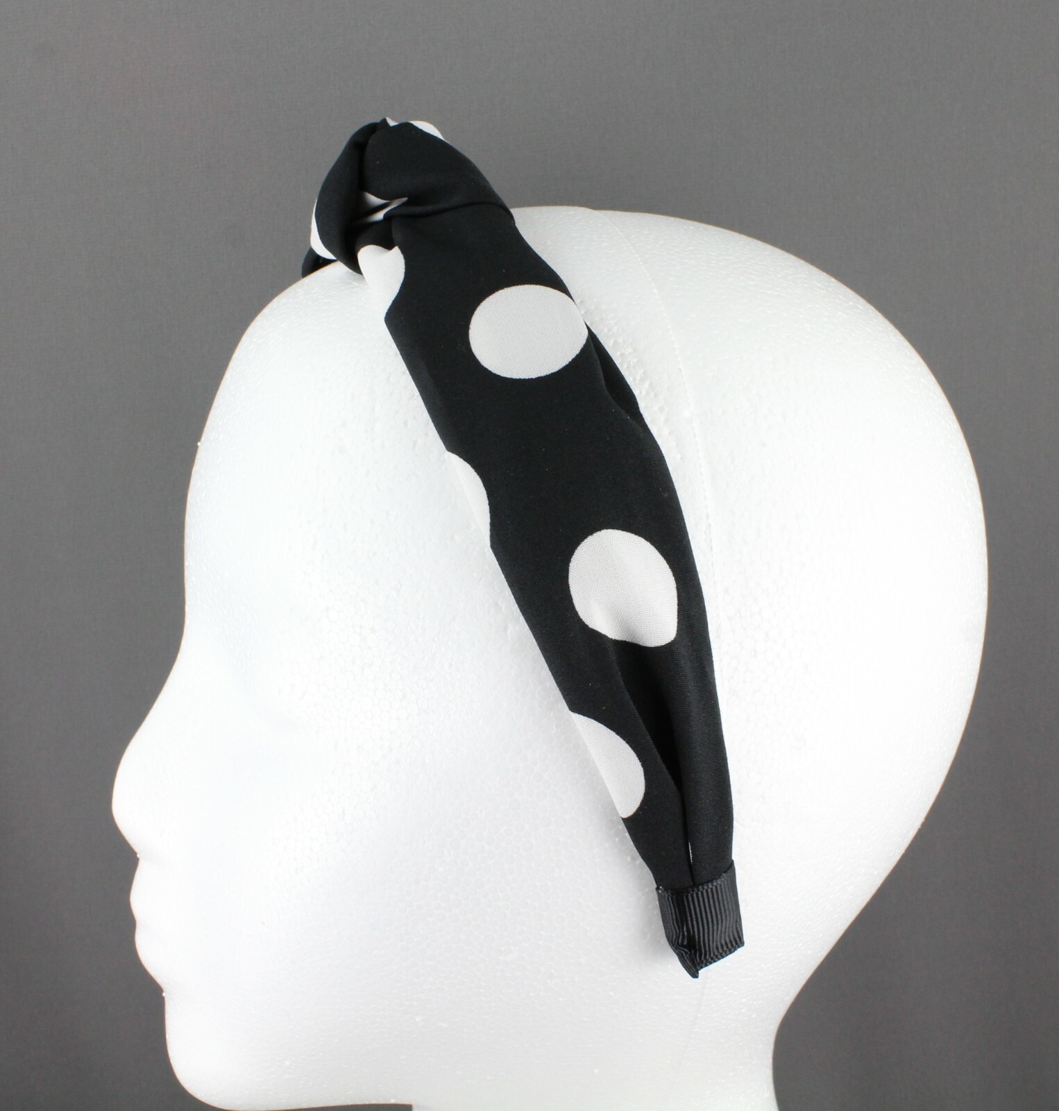 Black White polka dot turban knot headband fabric covered grip teeth dots