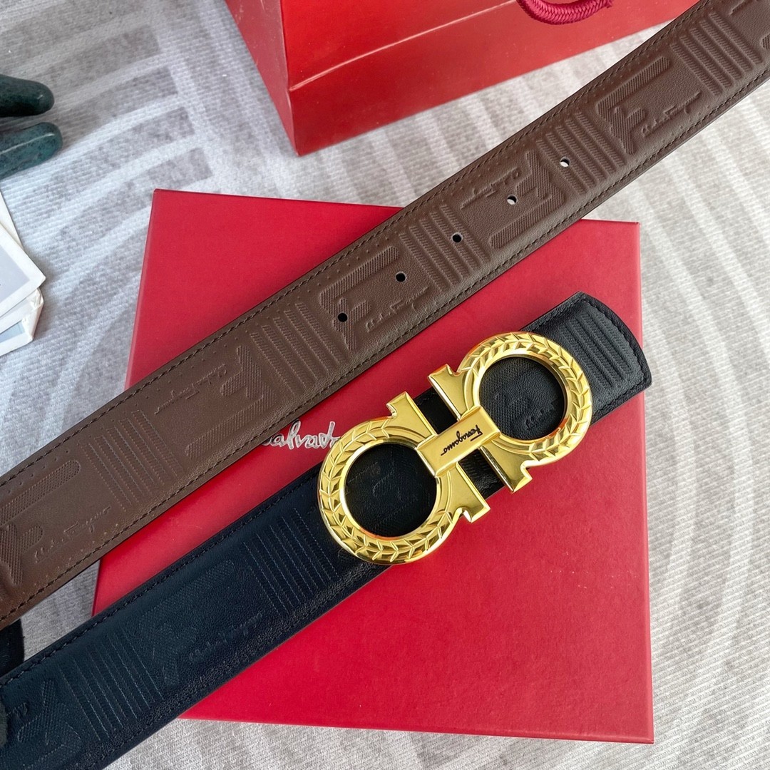 Ferragamo Handcrafted Leather Belt Reversible width 3.8cm/1.5inch Gold Buckle