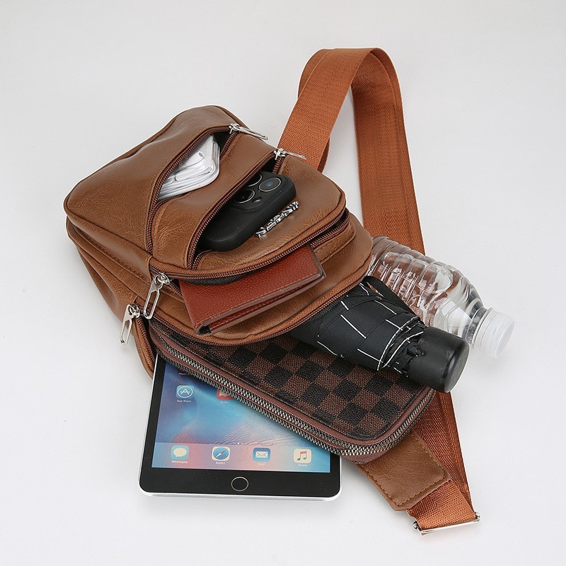 Men’s Leather Sling Bag Chest Pack Crossbody Shoulder Backpack USB Earphone Port