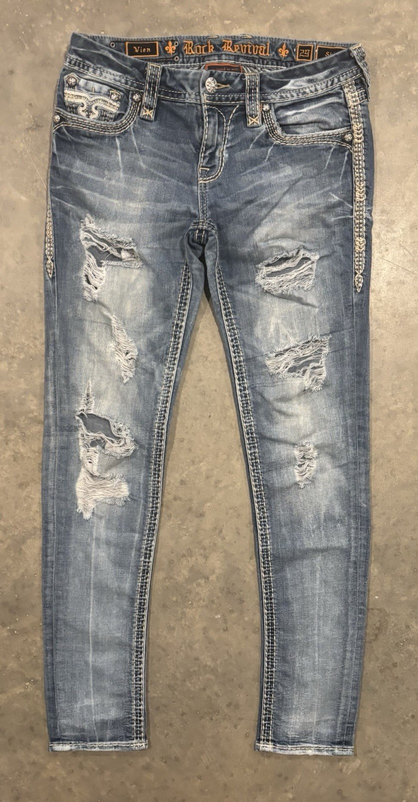 Rock Revival Jeans Vien Skinny Destroyed Low Rise Womens Size 29 Thick Stitch