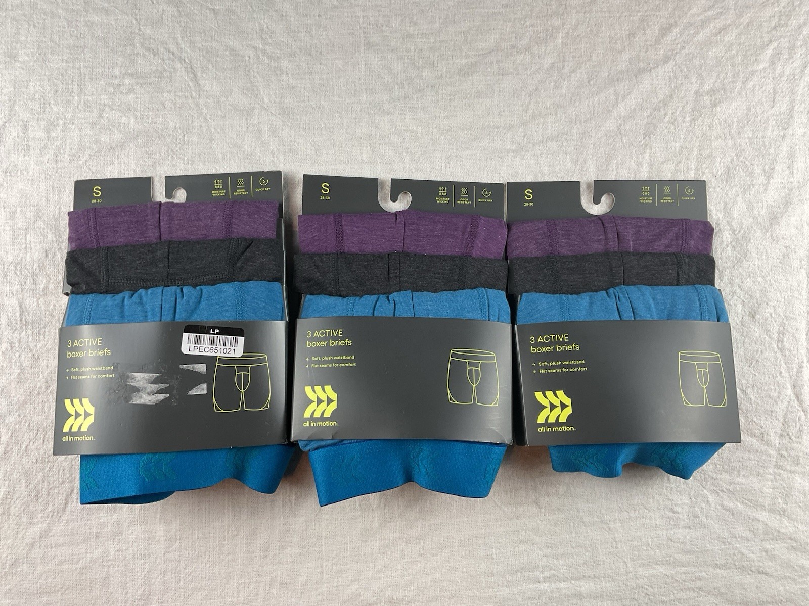 3 Packs Men’s All In Motion Active Boxer Briefs Odor Resistant Size Small 28-30