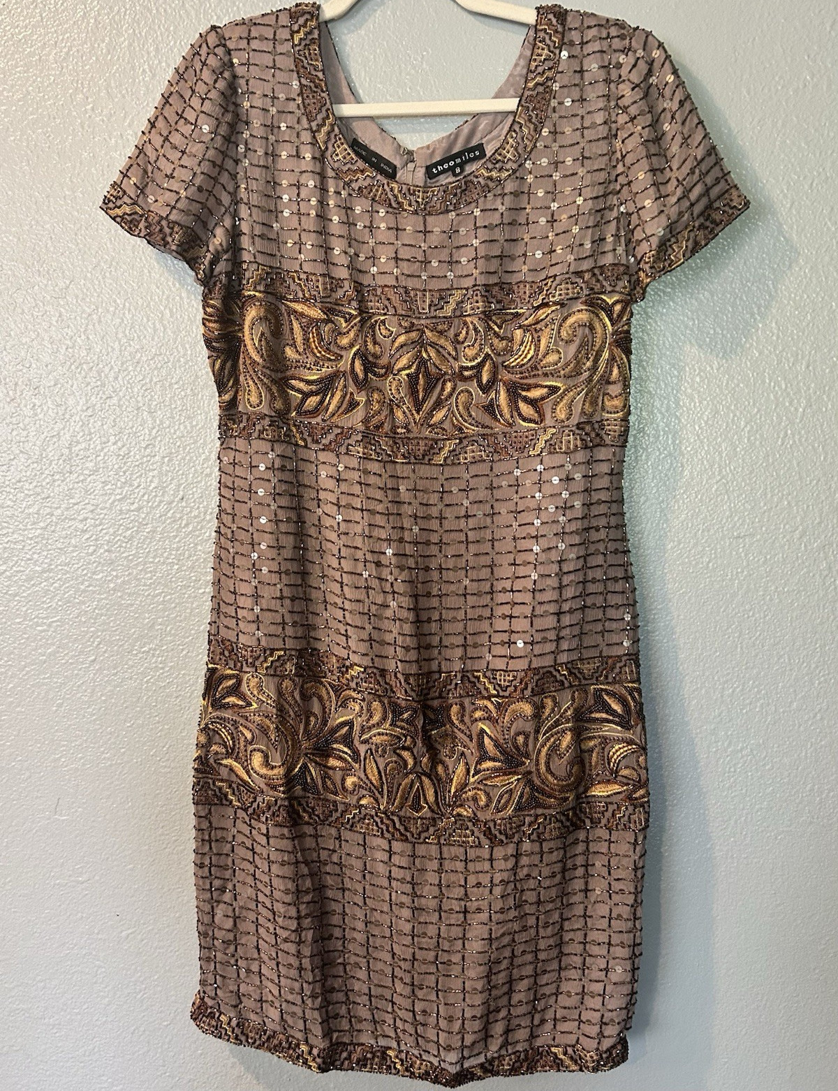 Theo Miles Brown Gold Sheath Dress Beaded Sequin Scoop Neck Silk Lined 8