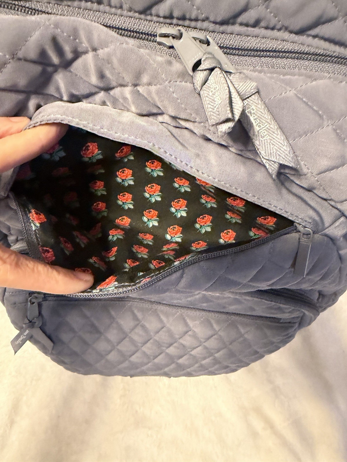 Vera Bradley Essentials Large Backpack Carbon Gray Quilted Rose Flower Lined EUC