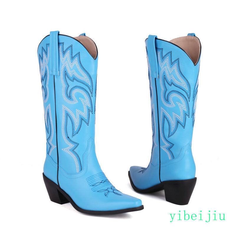 Women’s Western Cowboy Mid Calf Boot Embroidery Sweet Candy Heel Leather Shoes
