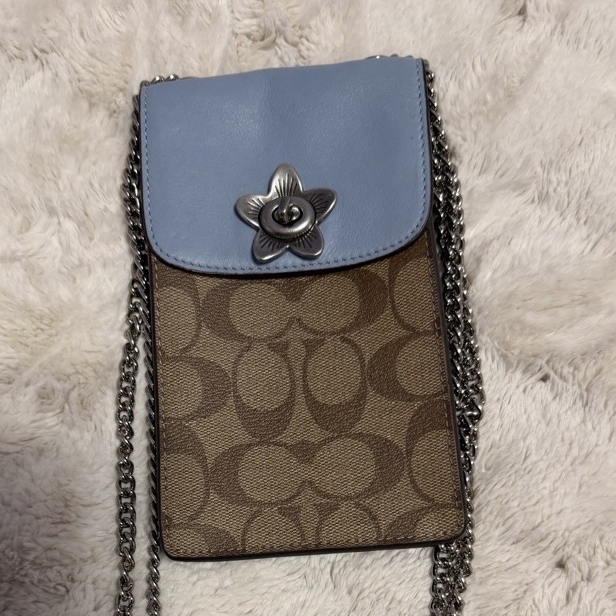 Coach Blue/Brown Signature Logo Crossbody Phone Wallet, Chain Strap, Magnetic