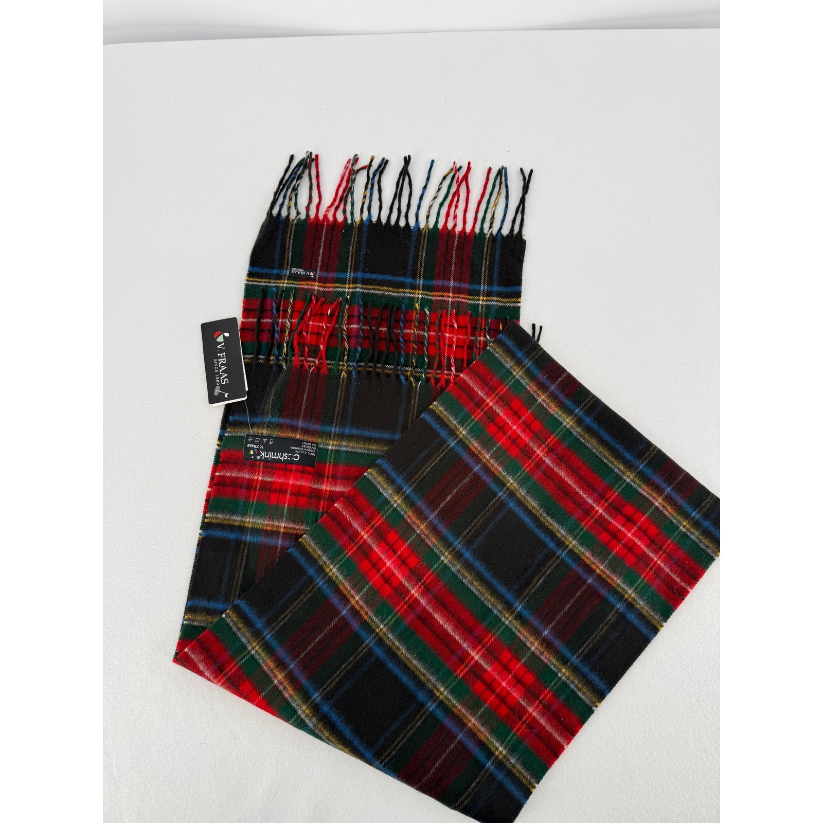 V. Fraas Scarf Unisex OS Black Plaid Cashmink Acrylic Fringe Made in Germany