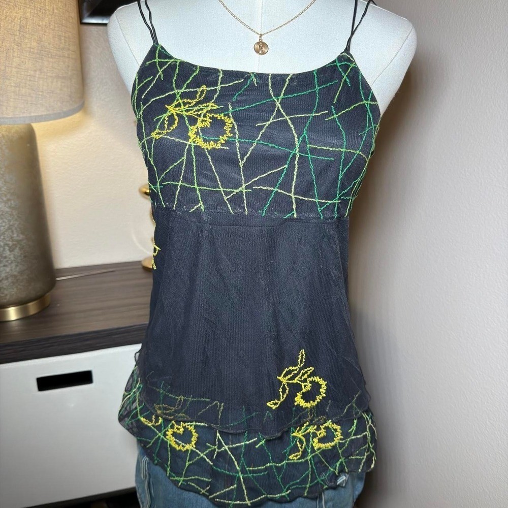 Euro Y2K Black Mesh Embroidered Floral Cami Top