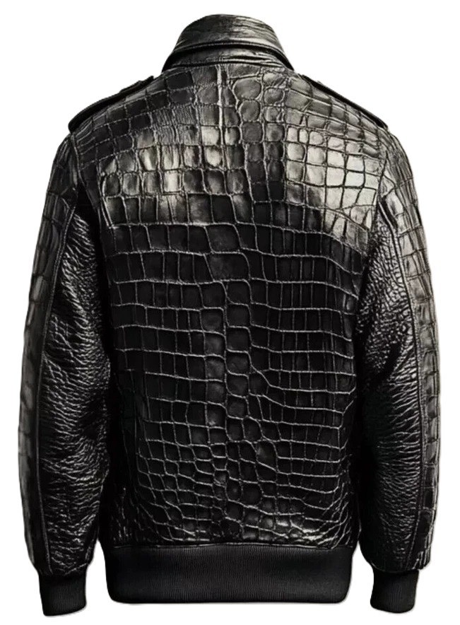 Men’s Black Real Leather Crocodile Embossed Luxury Alligator Print Bomber Jacket